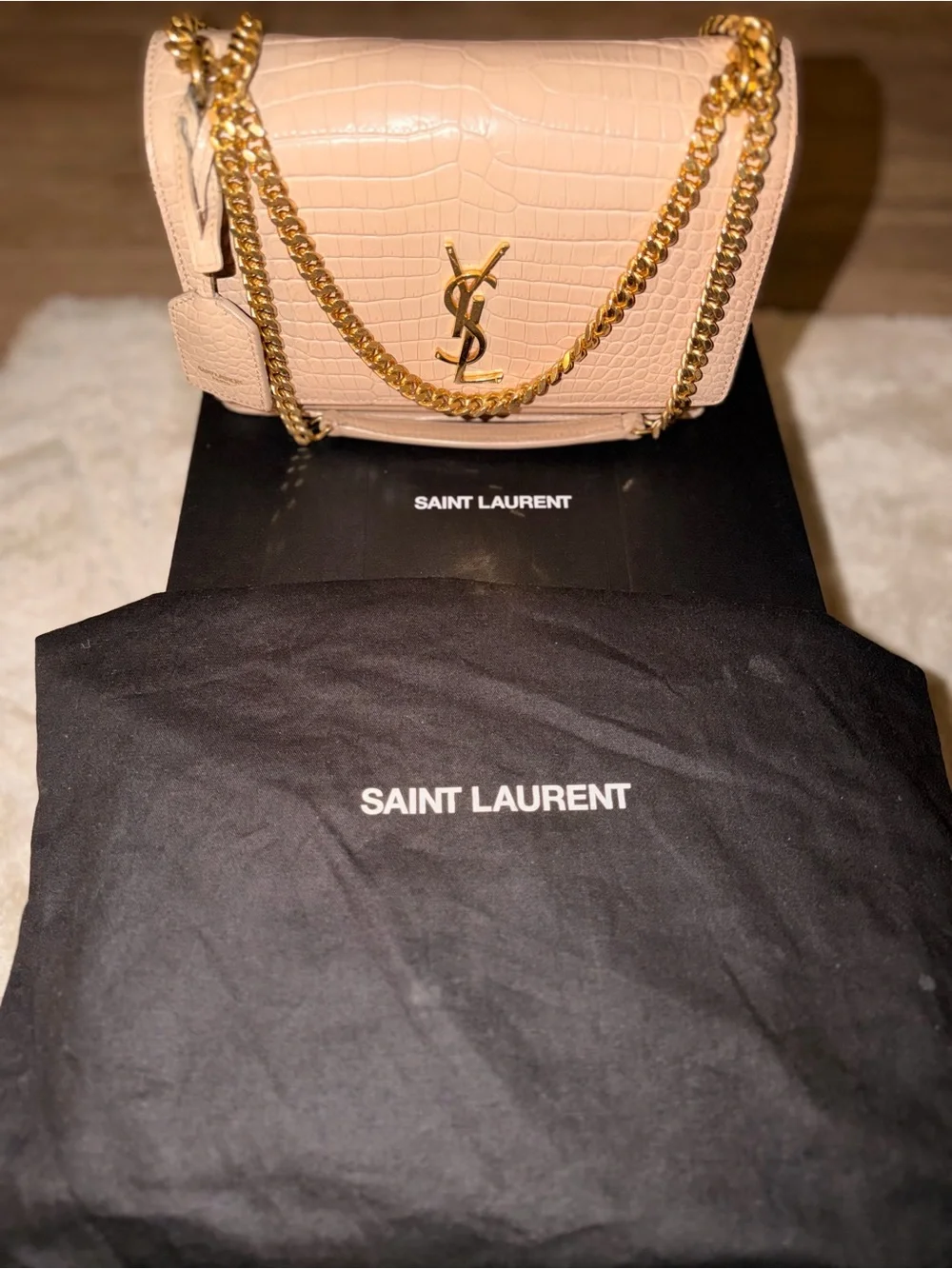 Saint Laurent Sunset Croc-Embossed Leather Chain Shoulder Bag - Picture 1 of 5